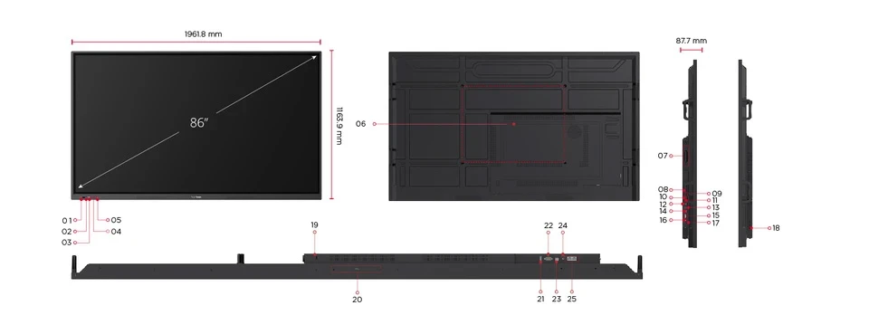 ViewSonic IFP8634 diagrama de puertos y dimensiones