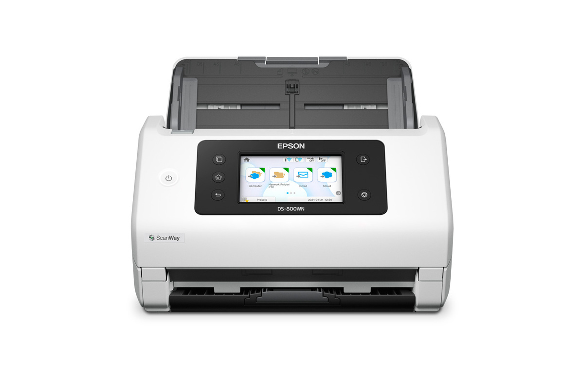 Epson DS-800WN vista frontal con pantalla táctil