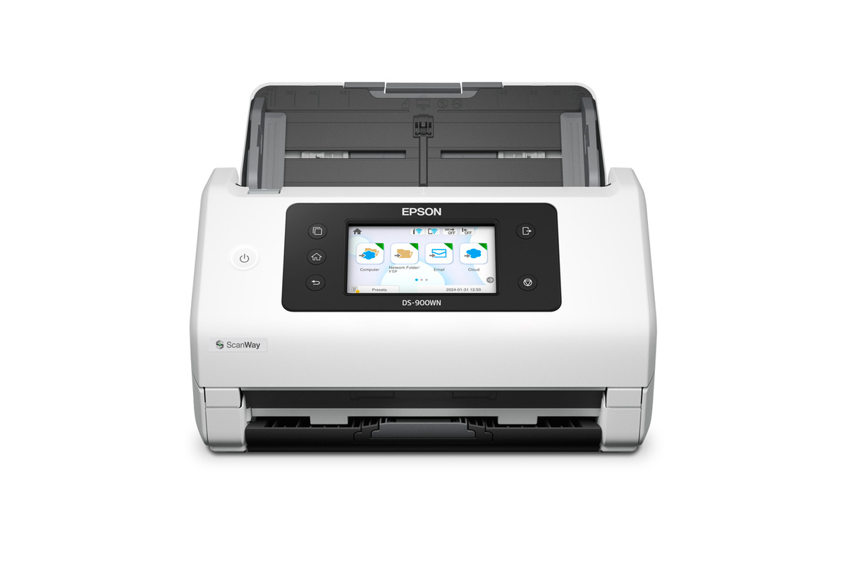 Epson DS-900WN vista frontal con pantalla táctil