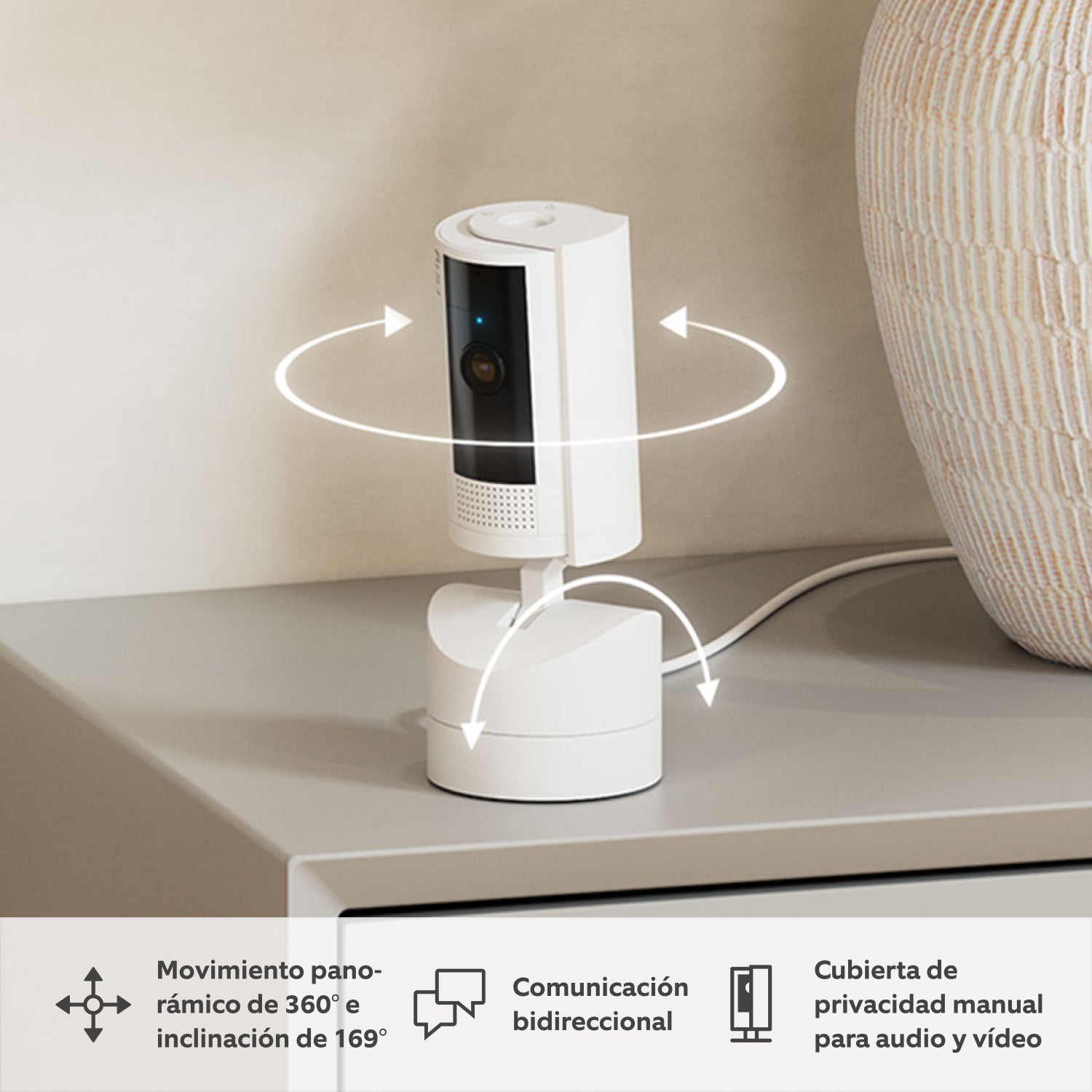 Ring Pan-Tilt Indoor Cam blanca detección comunicación bidireccional y privacidad