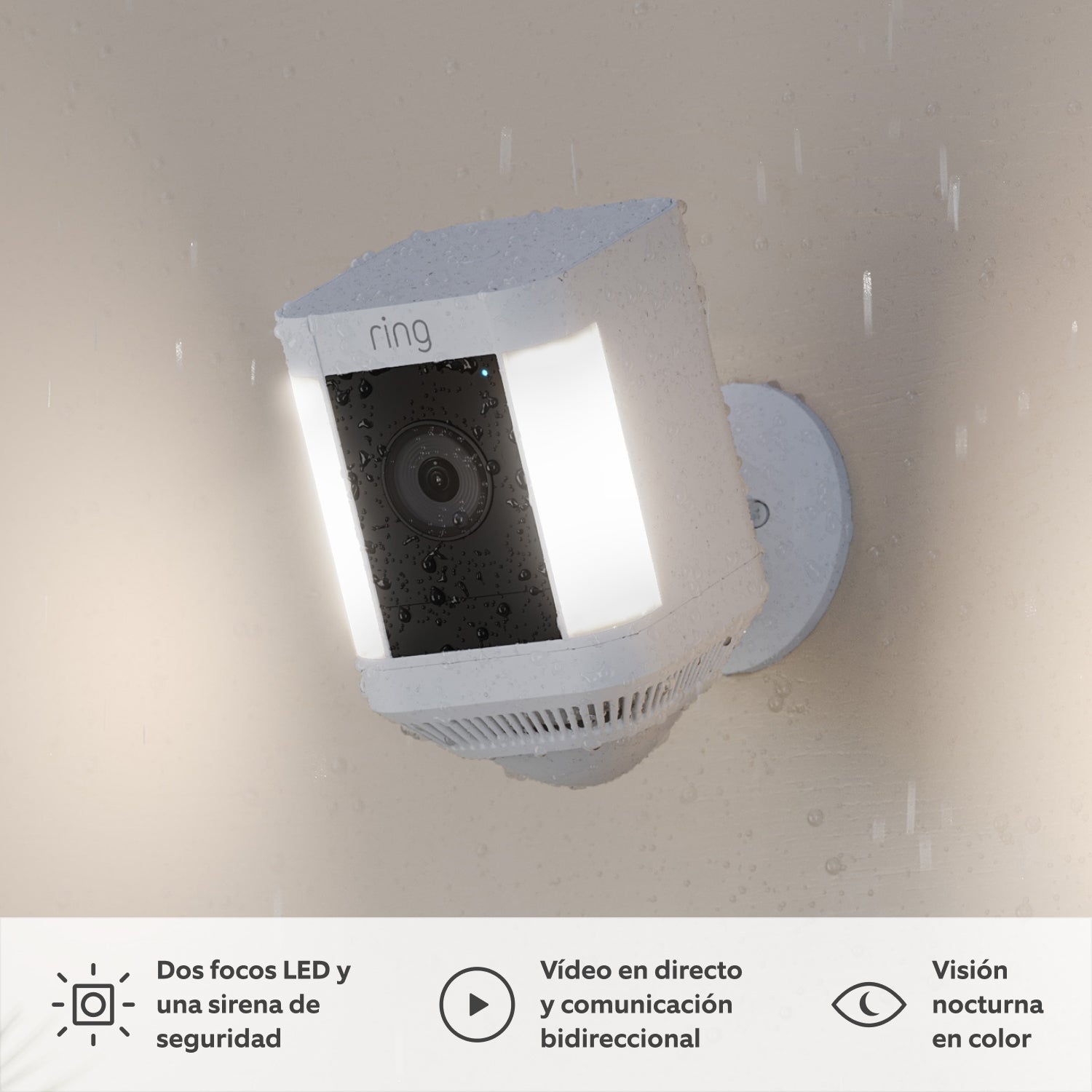 Ring Spotlight Cam Plus blanca focos LED y sirena remota