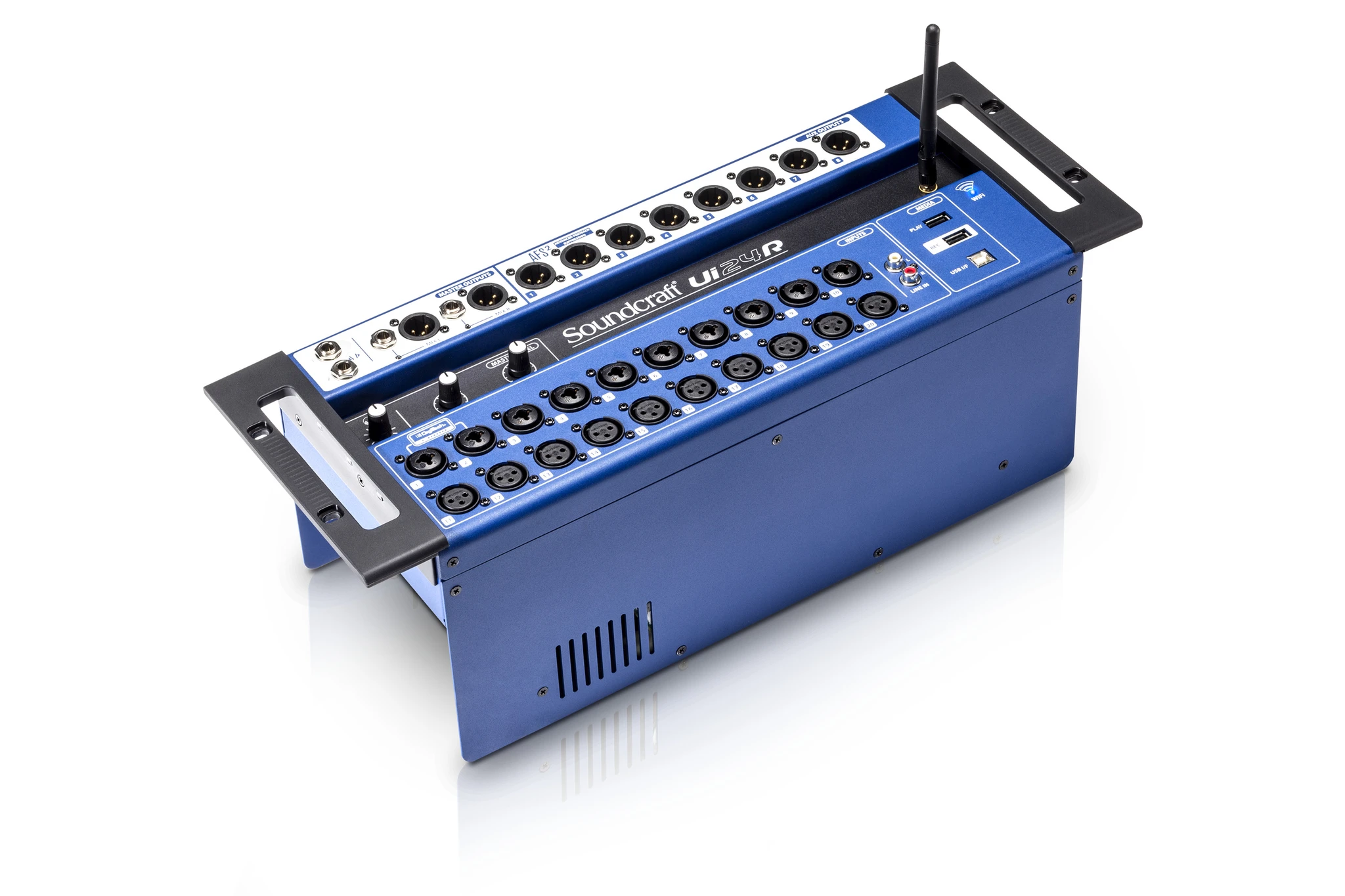 Soundcraft Ui24R, mezcladora digital azul y negro vista en perspectiva