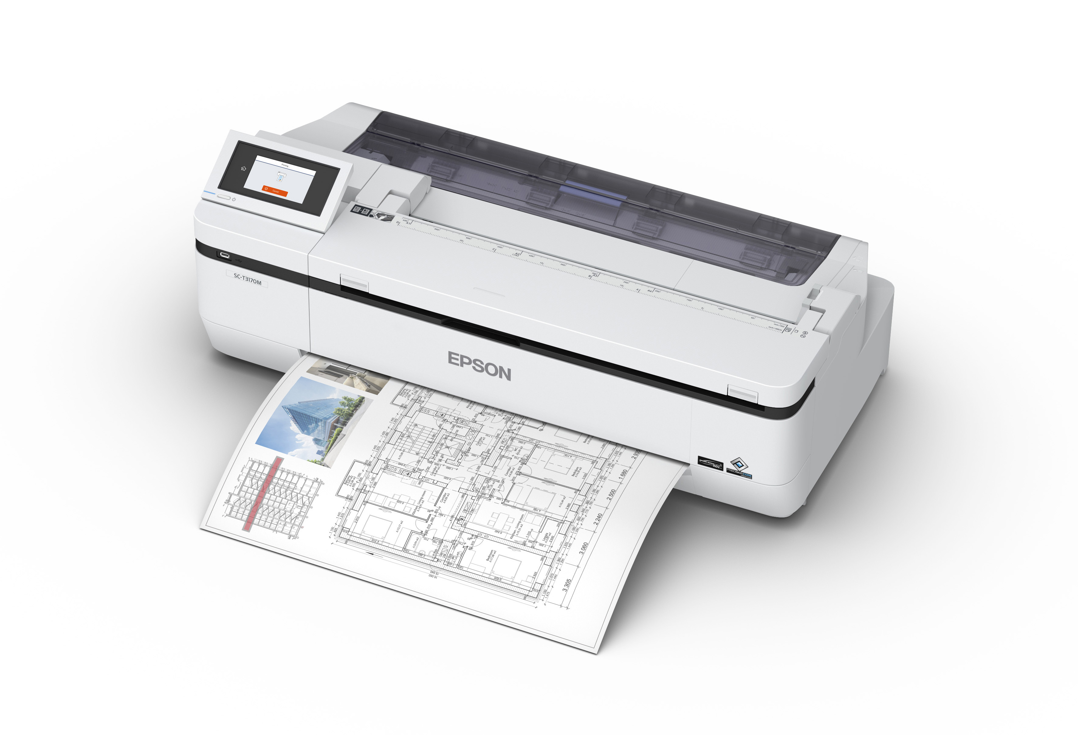 Epson SureColor T3170M en perspectiva, imprimiendo planos