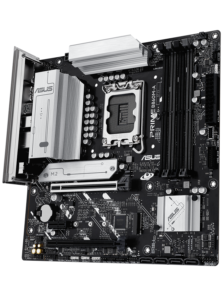 ASUS PRIME B860M-A, perspectiva oficial de placa Micro-ATX