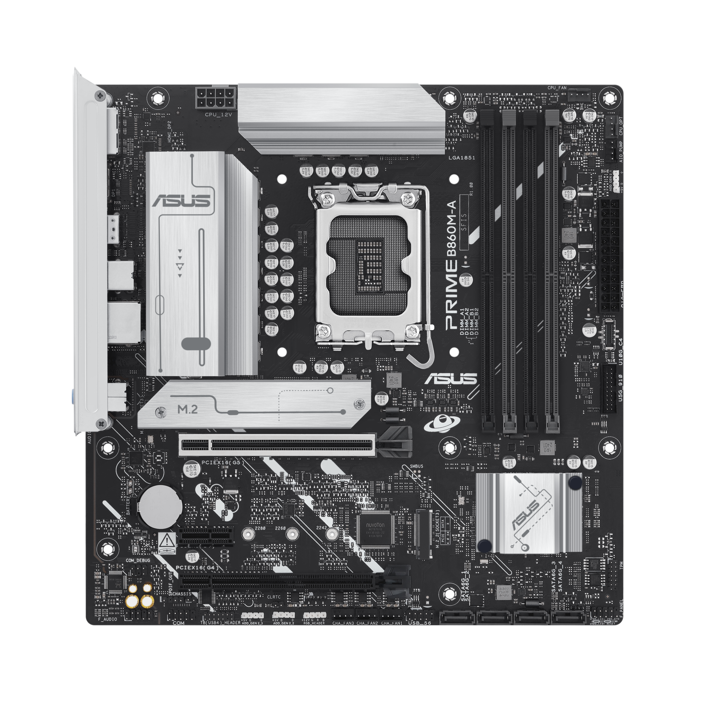 ASUS PRIME B860M-A, fotografía oficial frontal de placa madre Intel B860