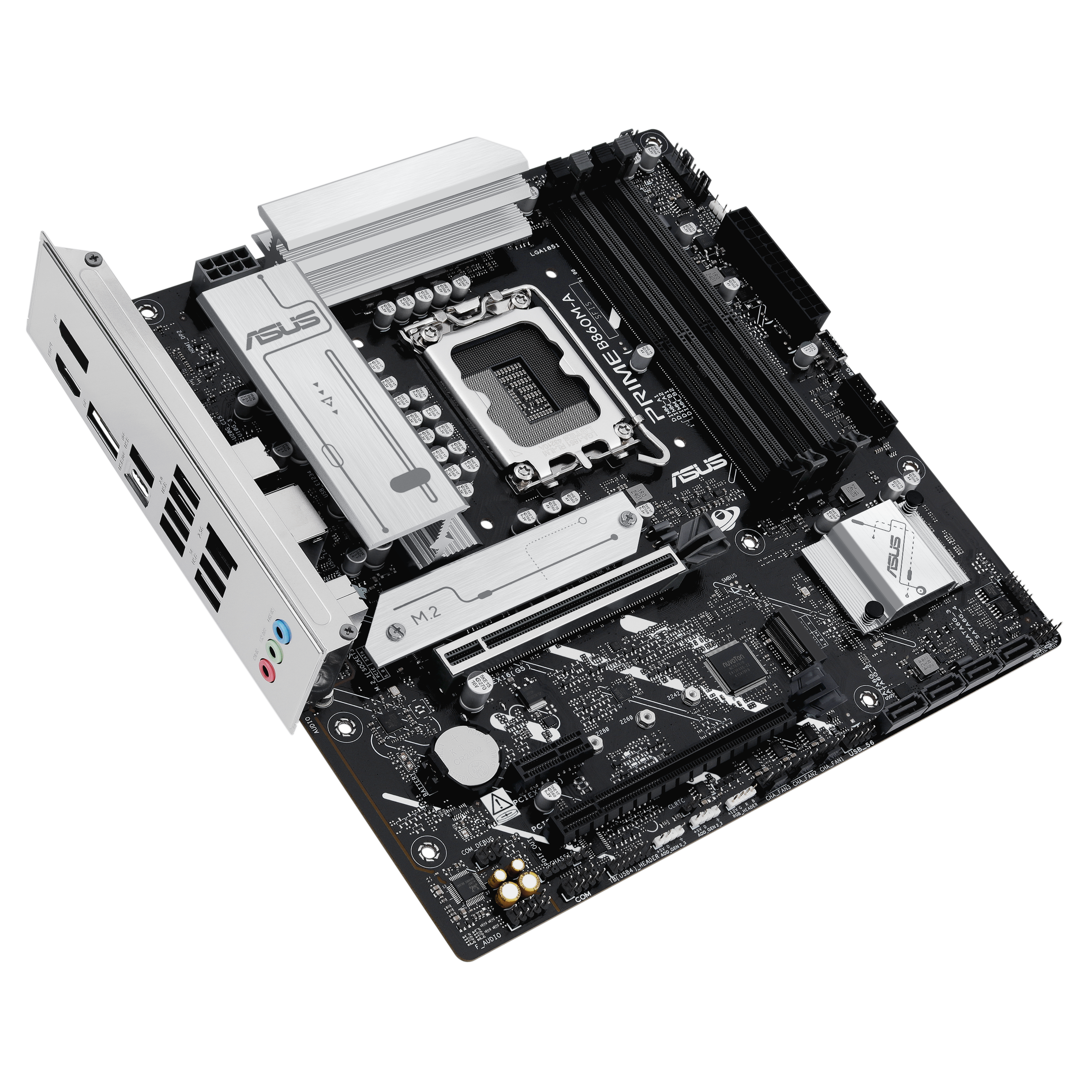 ASUS PRIME B860M-A, vista angular del conjunto y conectores