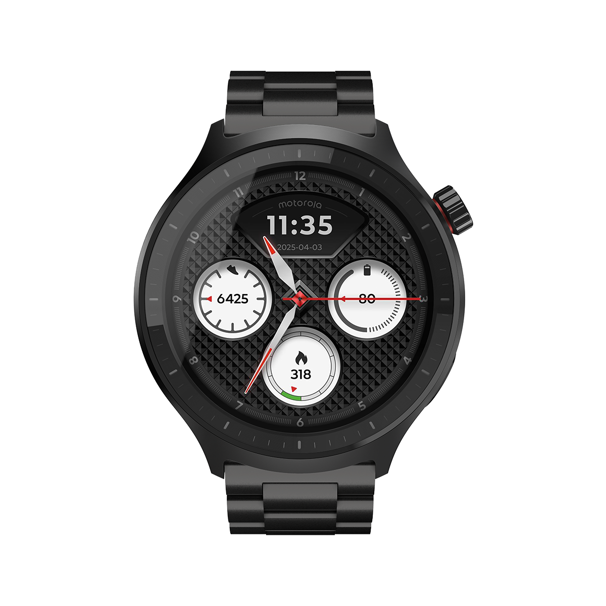 Motorola Moto Watch 2026 negro con brazalete metálico, fotografía del producto