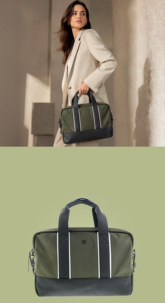 Klip Xtreme Modevo KNC-501: bolso maletín verde y negro en uso lifestyle