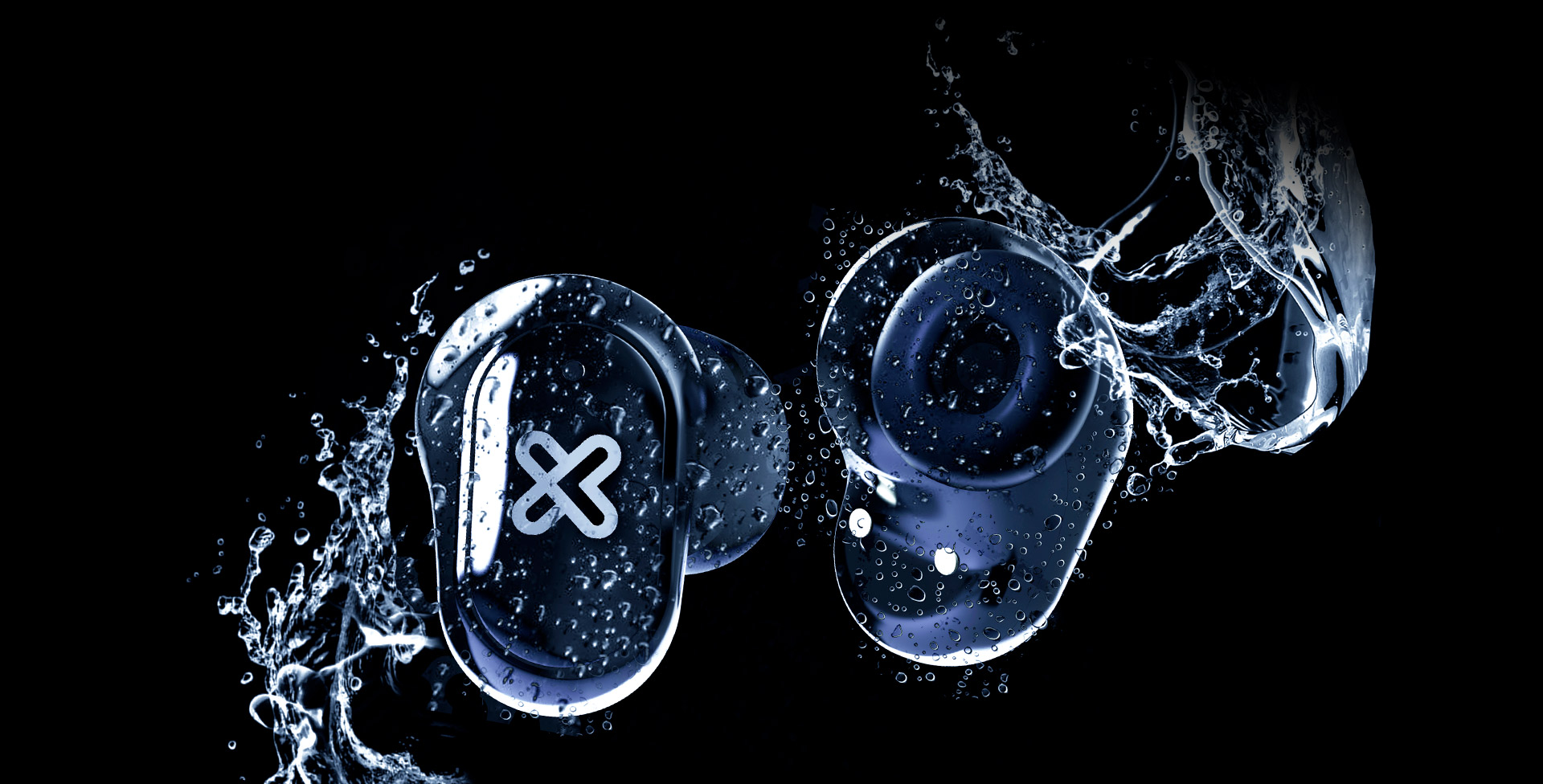 Audífonos QuanBuds negros con ilustración de salpicaduras de agua, protección IPX4