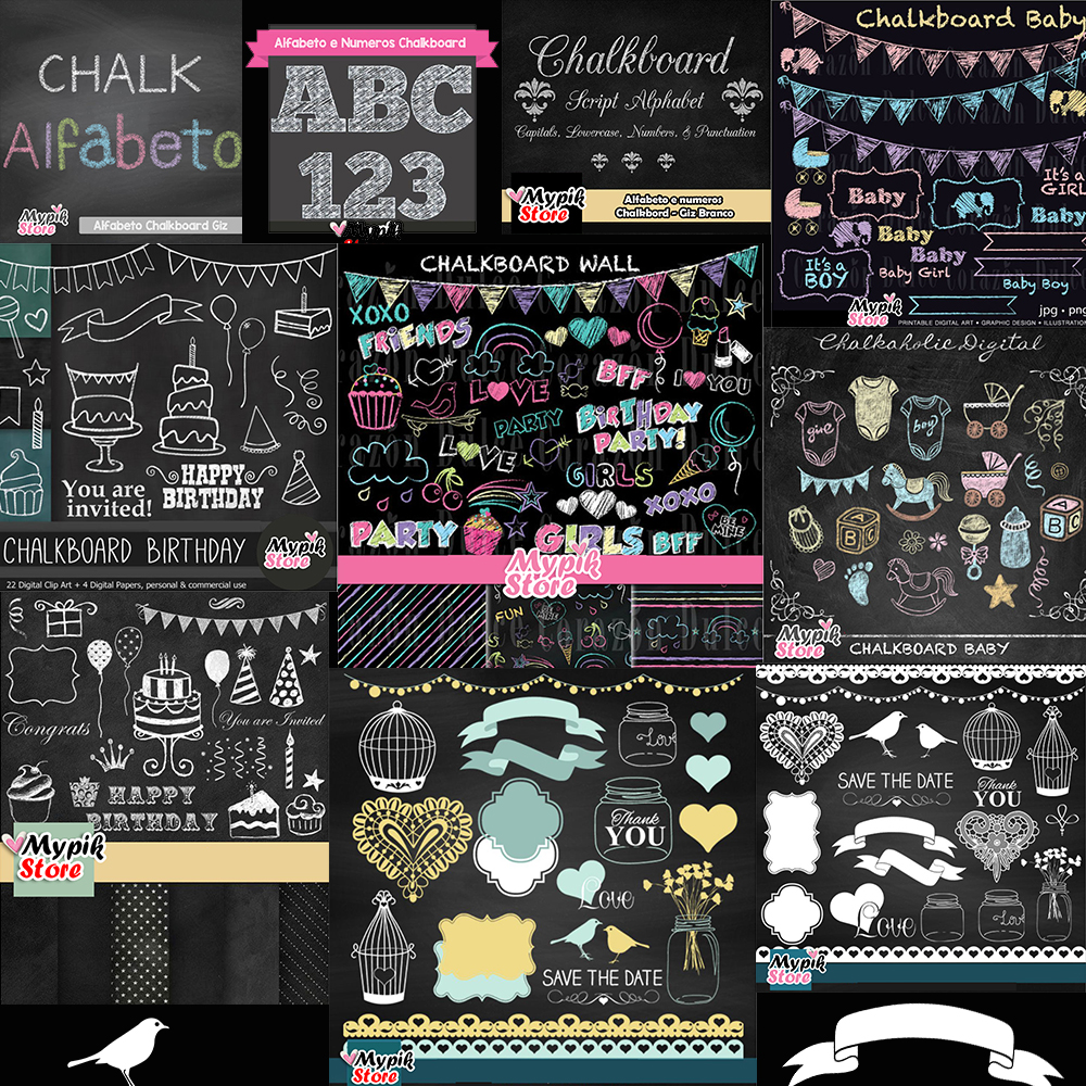 Super Coleção 30 Kits Digitais Chalkboard Scrapbook Mypik Store