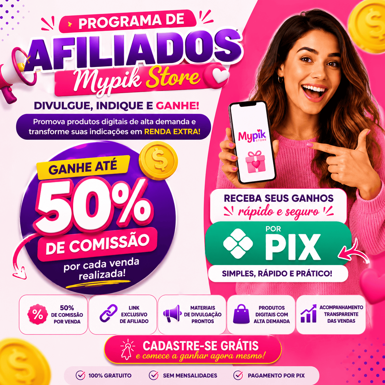 Painel do Programa de Afiliados Mypik Store destacando 50% de comissão e pagamento via PIX simples e rápido