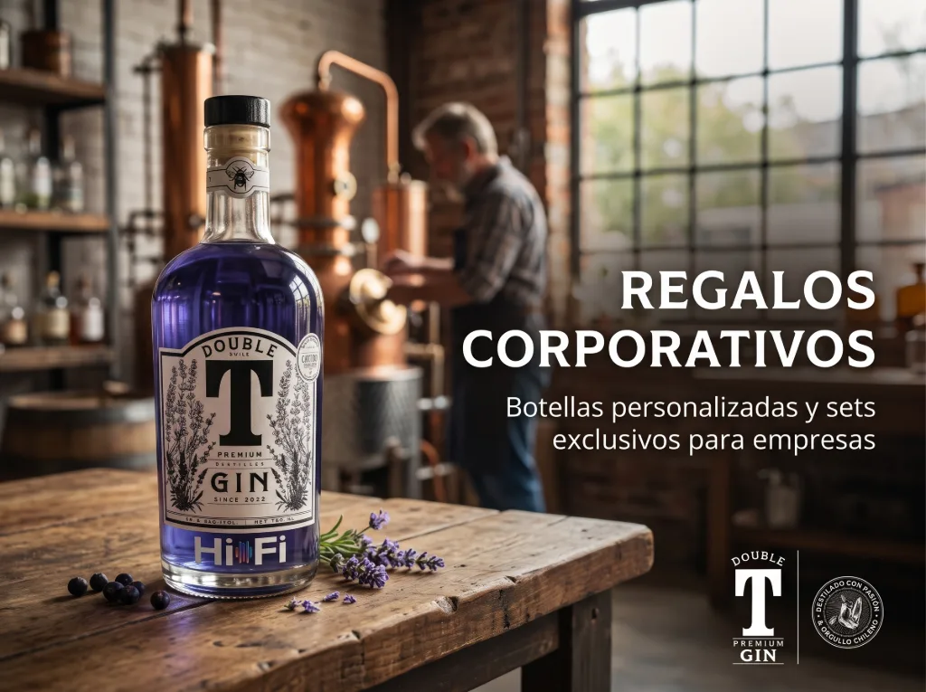 Ejemplo de botella y copa personalizada con logo para empresas - Gin Double T