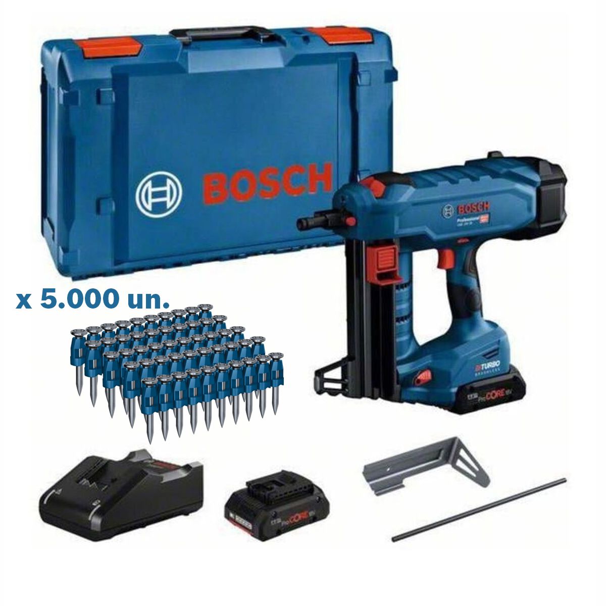 Kit Pregadora de Betão GNB 18V-38 + 2x Baterias PC 4.0Ah + 5000 Pregos NB para betão BOSCH