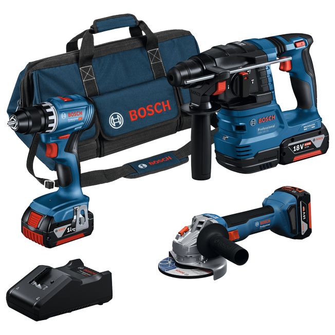 Conjunto de Aparafusadora GSR 18V-45 + Rebarbadora GWS 18V-8 + Martelo GBH 18V-22 + 3 Baterias 18V 4.0Ah BOSCH
