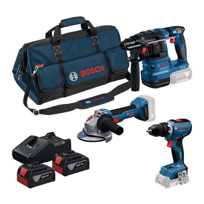 Conjunto sem fio Aparafusadora GSR 18V-65 + Rebarbadora GWS 18V-8 (125) + Martelo GBH 18V-22 + 2 Baterias 18V 4.0Ah BOSCH
