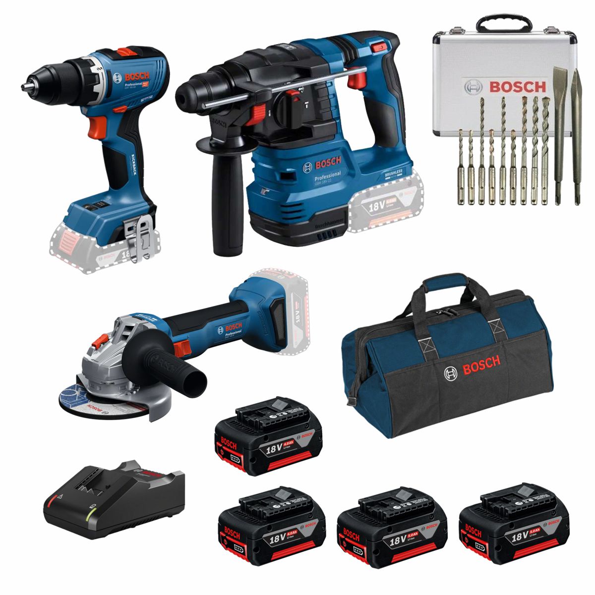 Conjunto Aparafusadora GSR 18V-65 + Rebarbadora GWS 18V-8 (125) + Martelo GBH 18V-22 + 4 Baterias 18V 4.0Ah +  1 Carregador PRIMEKIT BOSCH