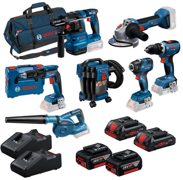 Conjunto de 7 ferramentas sem fio + 4 Baterias (2x 18V 4.0Ah + 2x ProCORE18V 4.0Ah) + 2 Carregadores PRIMEKIT BOSCH
