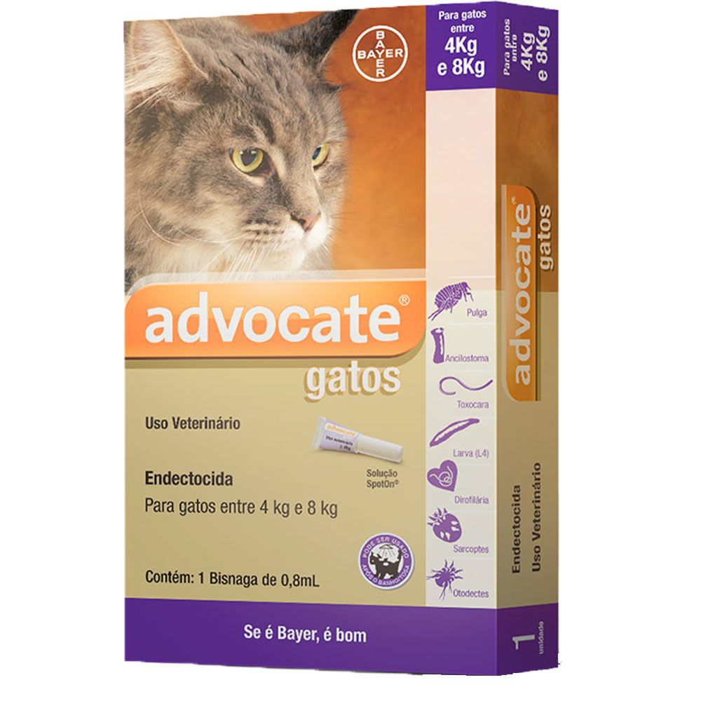 Advocate Gatos 4-8kg, 80/8mg 0,8mlx3 Pipetas Solução Punctiforme