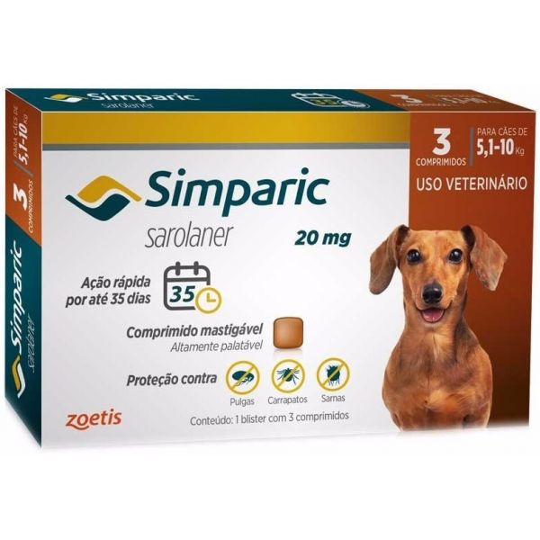 Simparica Antiparasitário 20mg 5Kg - 10Kg 3 Comprimidos