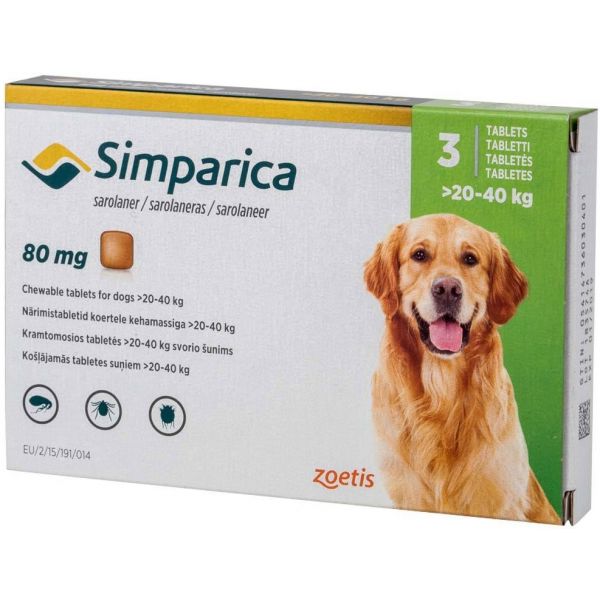 Simparica Antiparasitário 80mg 20Kg - 40Kg 3 Comprimidos
