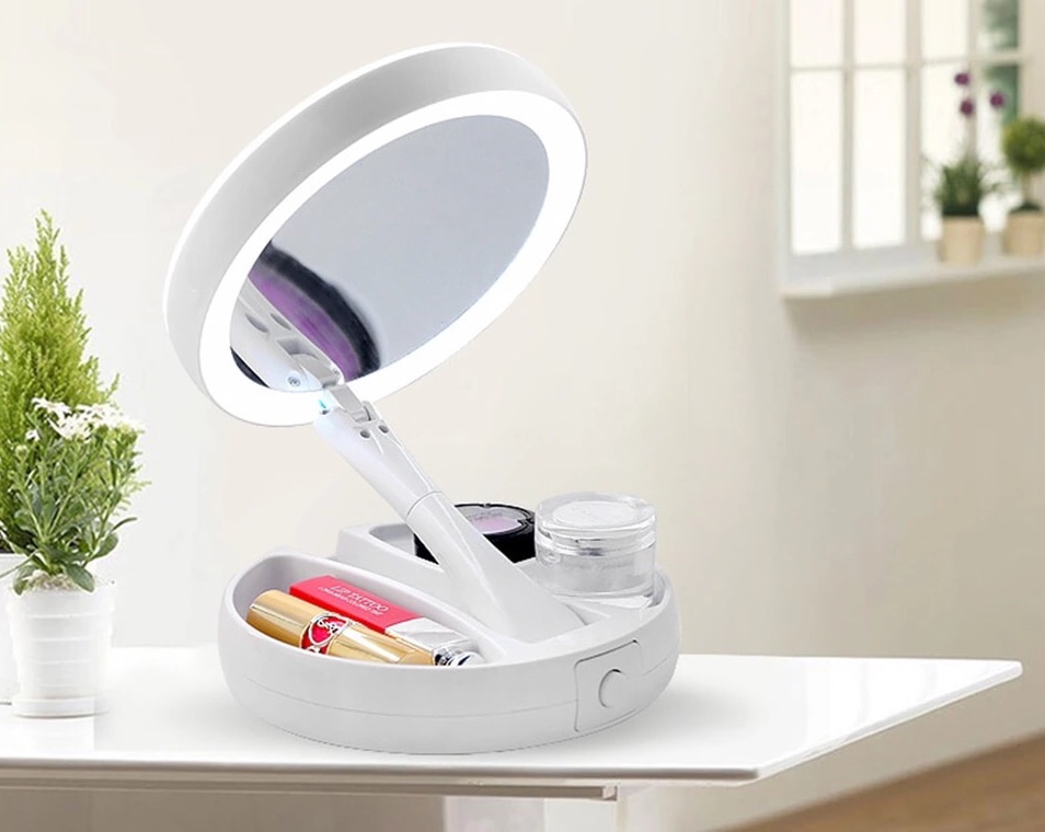 Espejo Redondo de Maquillaje con Luz Led Plegable