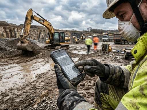 Smartphone rugged siendo utilizado en condiciones extremas de trabajo en campo
