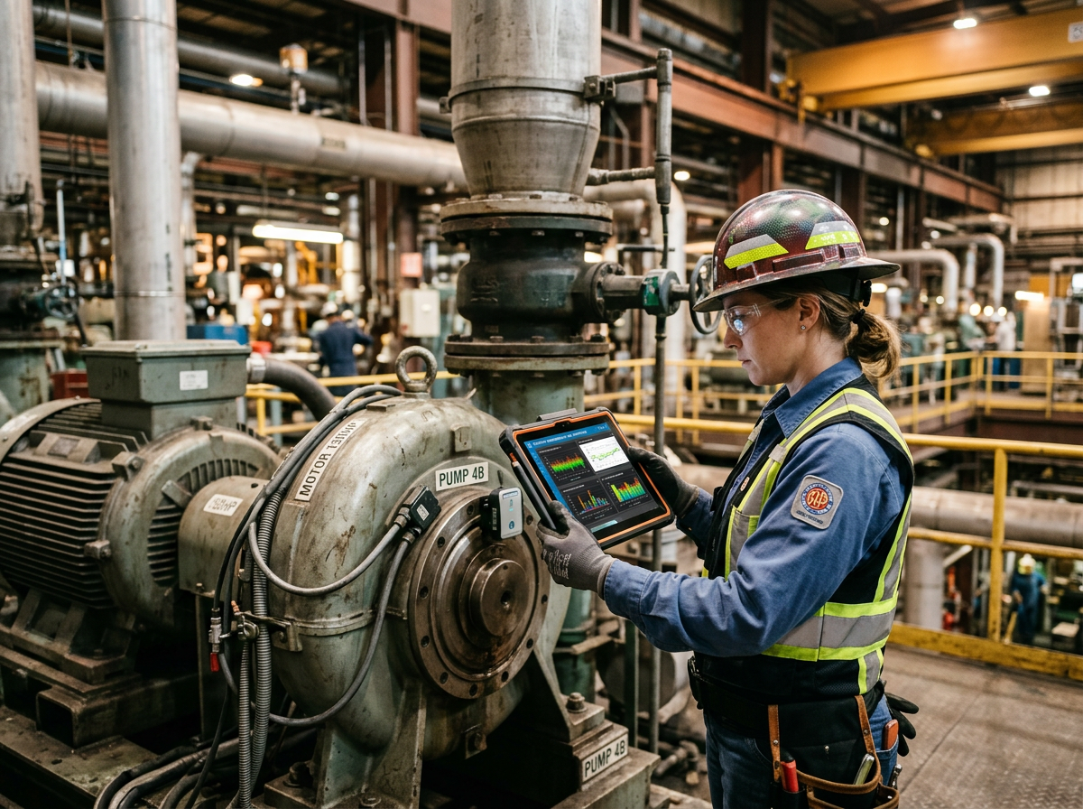 Técnico realizando mantenimiento predictivo con tablet rugged en planta industrial