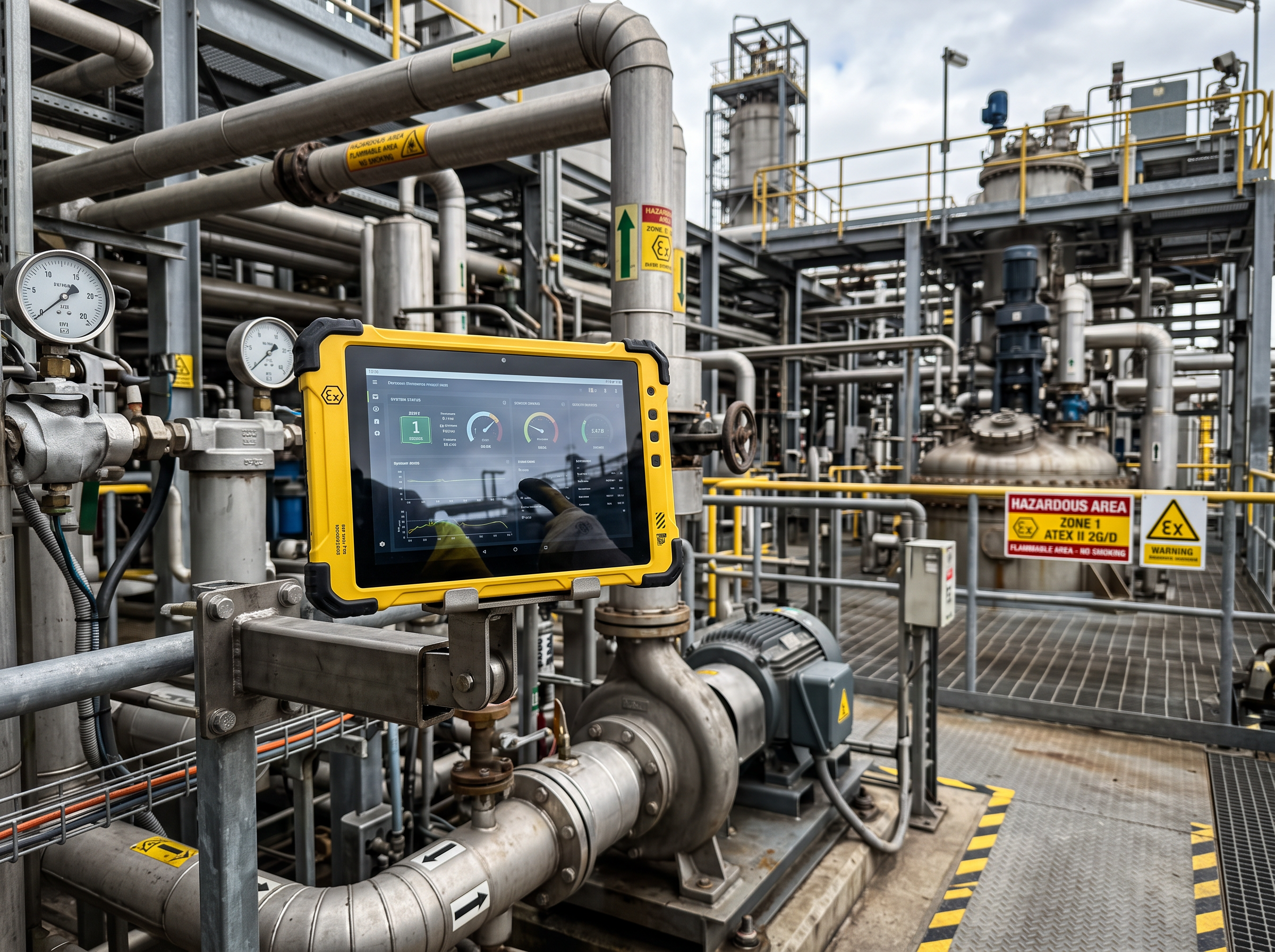 Tablet intrínsecamente segura con certificación ATEX en zona peligrosa industrial
