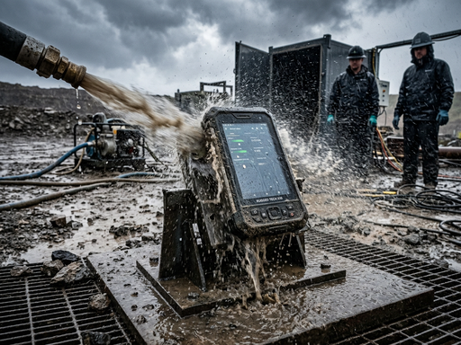 Dispositivo rugged IP68 siendo probado en condiciones extremas de agua y polvo