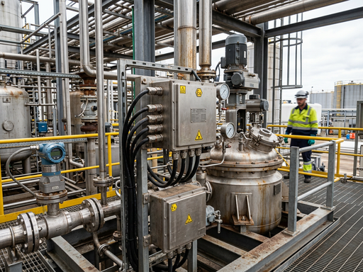 Equipo industrial con certificaciones ATEX e IECEx en planta de procesos peligrosos