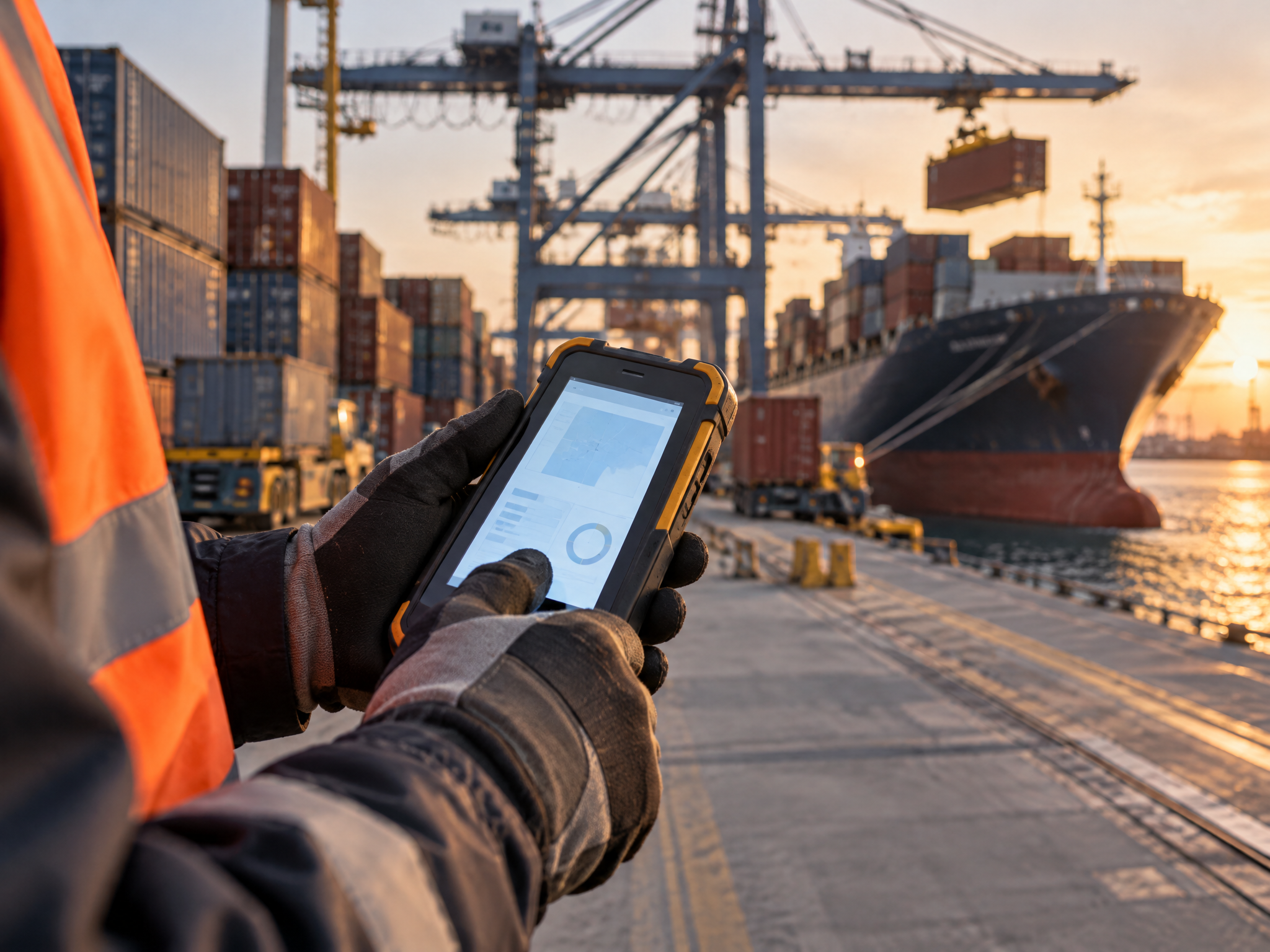 Trabajador portuario con guantes usando una tablet rugged frente a grúas y contenedores