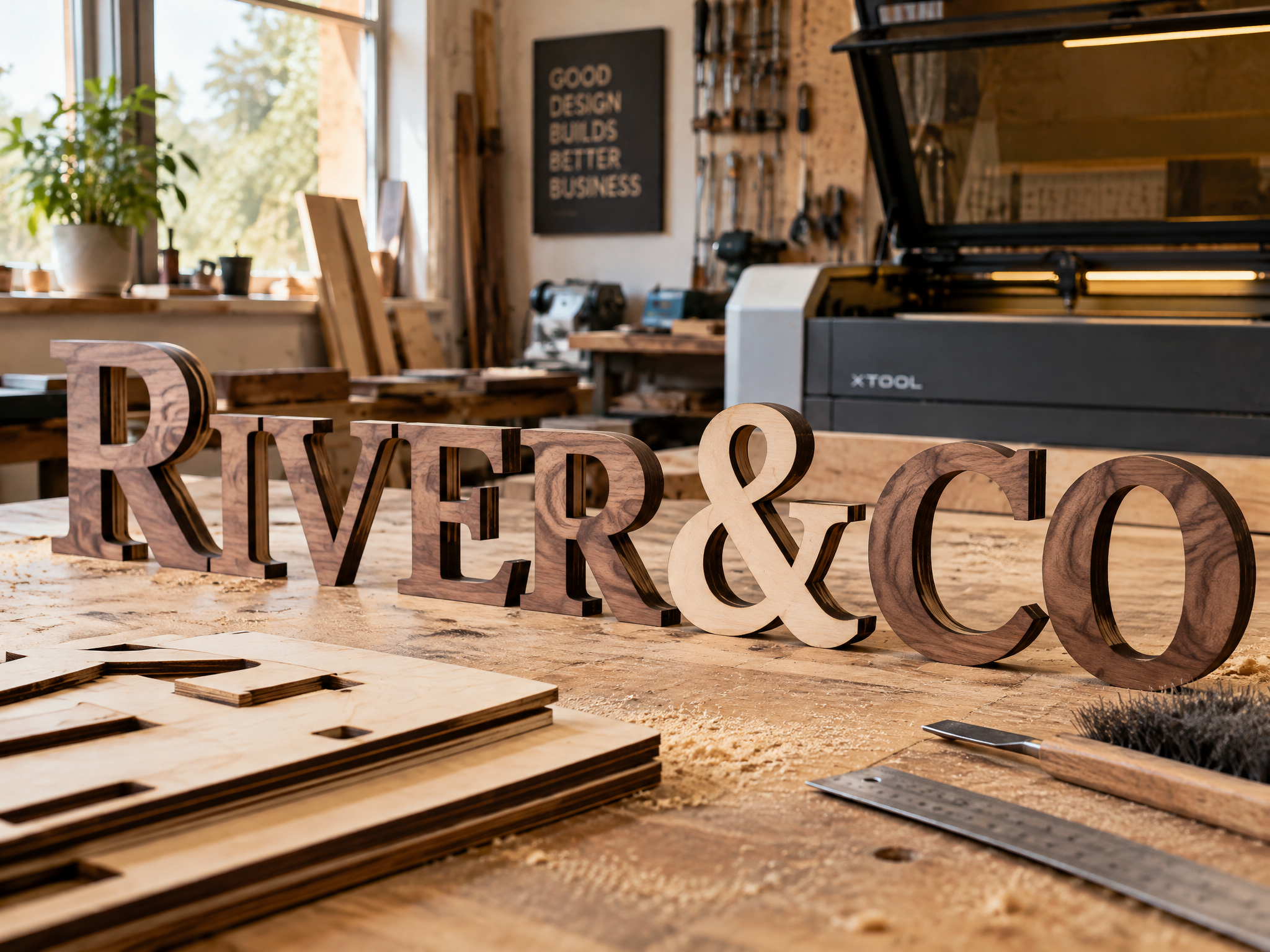 Letras de madera decorativas cortadas con láser para letreros de negocios en taller profesional