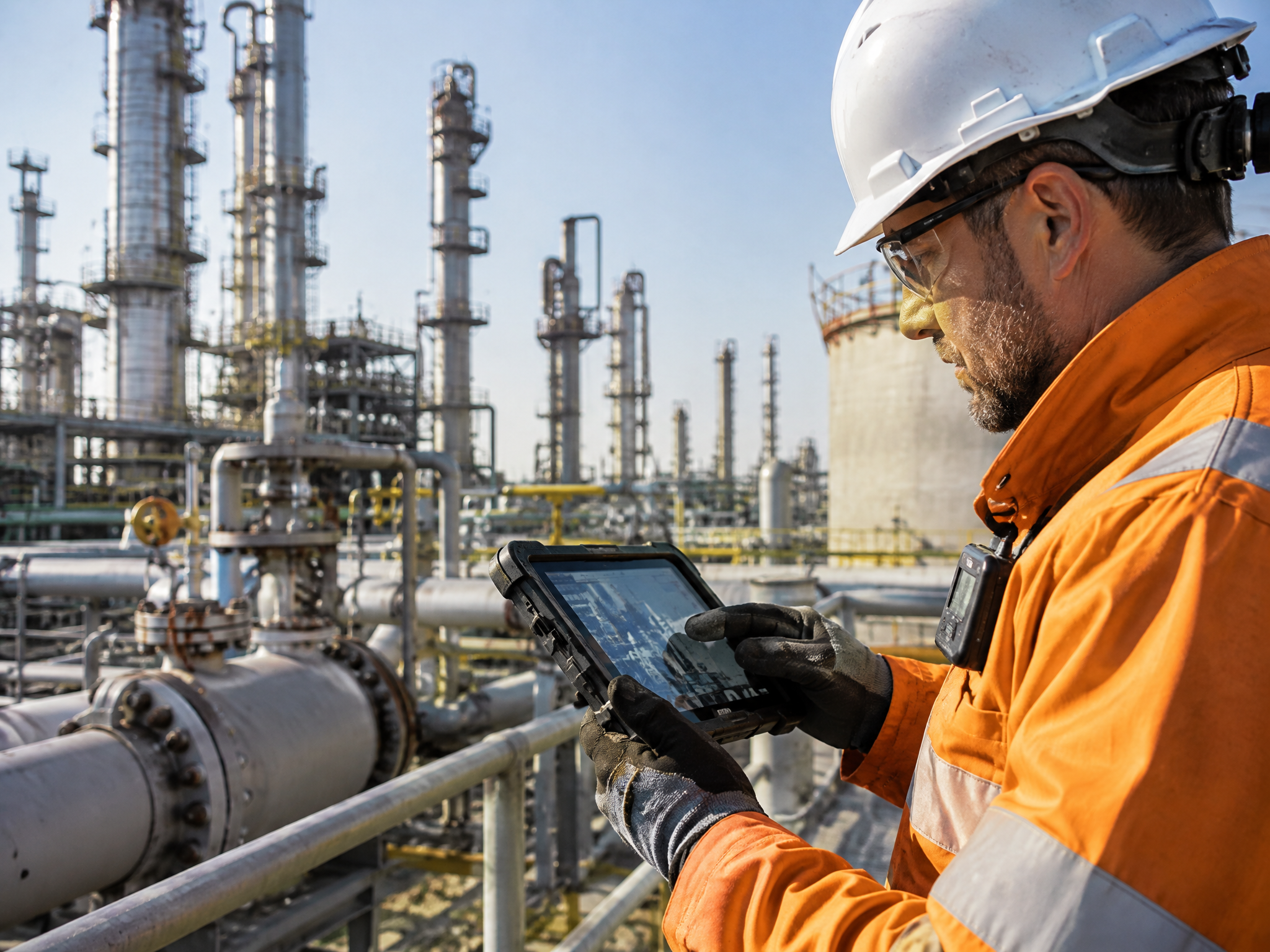 Técnico con dispositivo rugged en planta de gas, petróleo y petroquímica