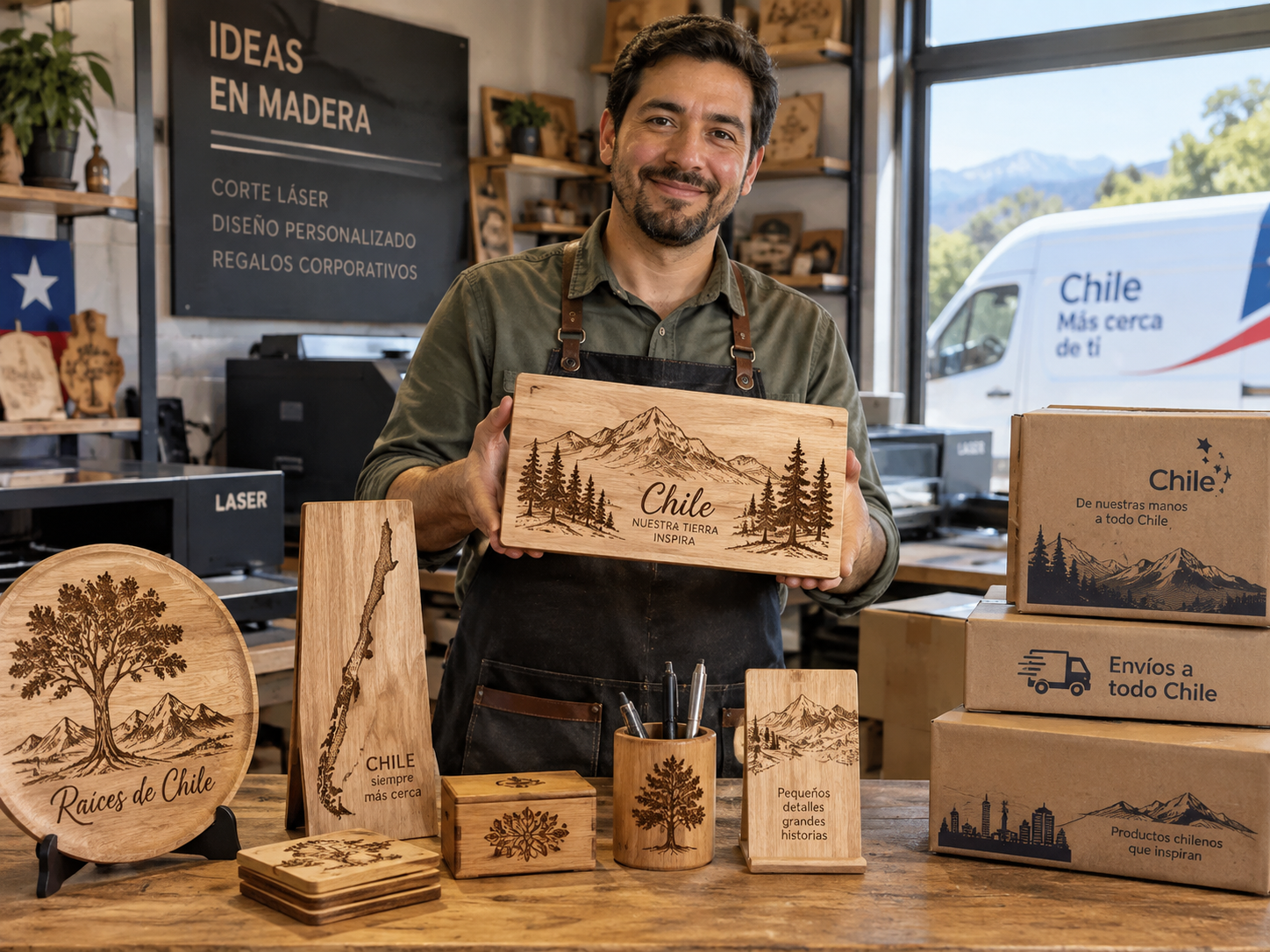Emprendedor chileno mostrando productos de madera grabados con láser CNC listos para despacho