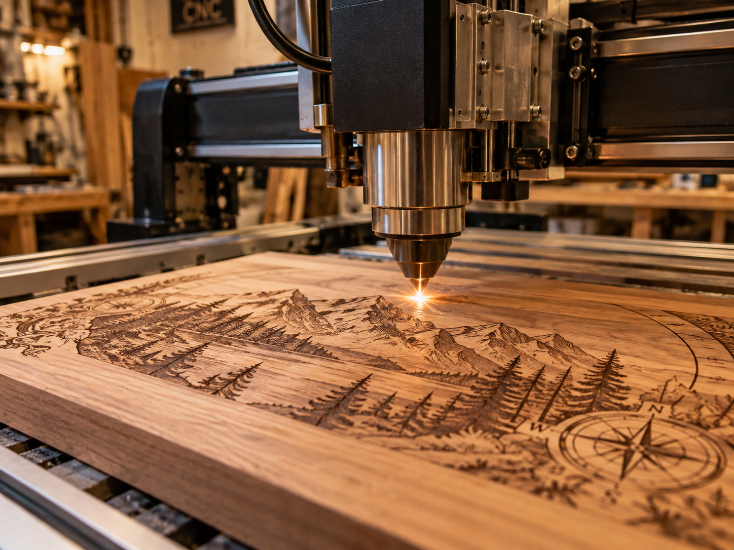 Grabado láser con maquinaria CNC sobre madera en el taller Karpinteros