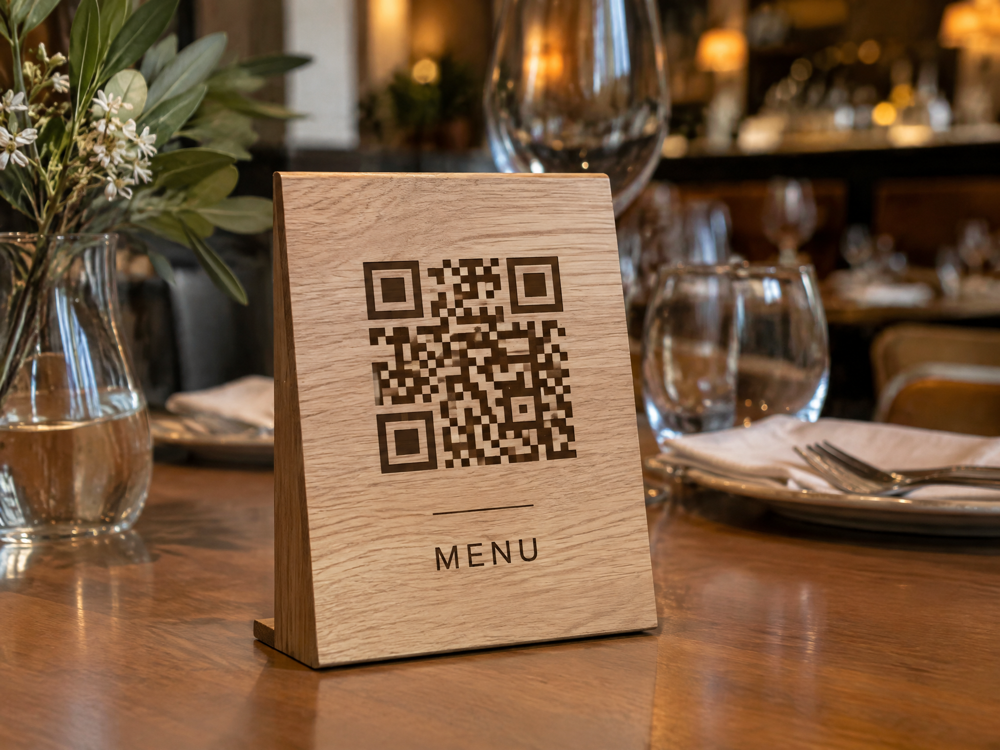 Letrero de madera con código QR grabado con láser para menú de restaurante