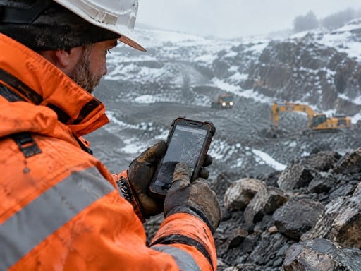 Trabajador de campo usando smartphone rugged en entorno industrial extremo con excavadora al fondo
