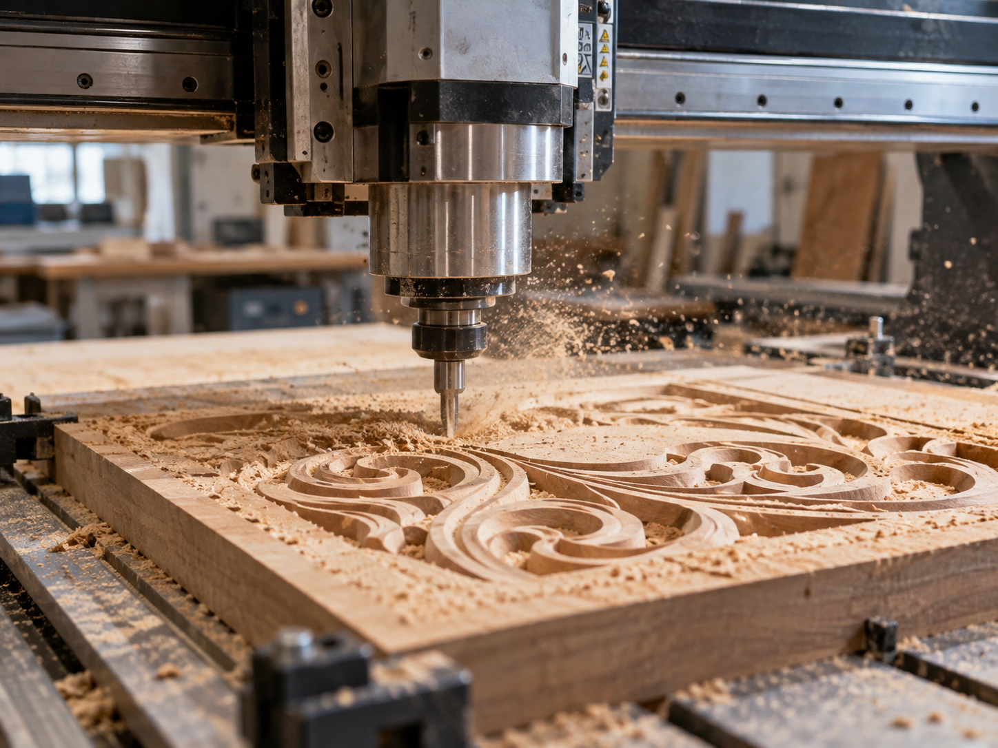 Router CNC cortando un diseño de madera en el taller con aserrín en el aire