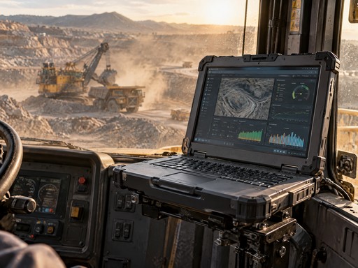 Notebook industrial rugged montado en cabina de camión minero en entorno hostil