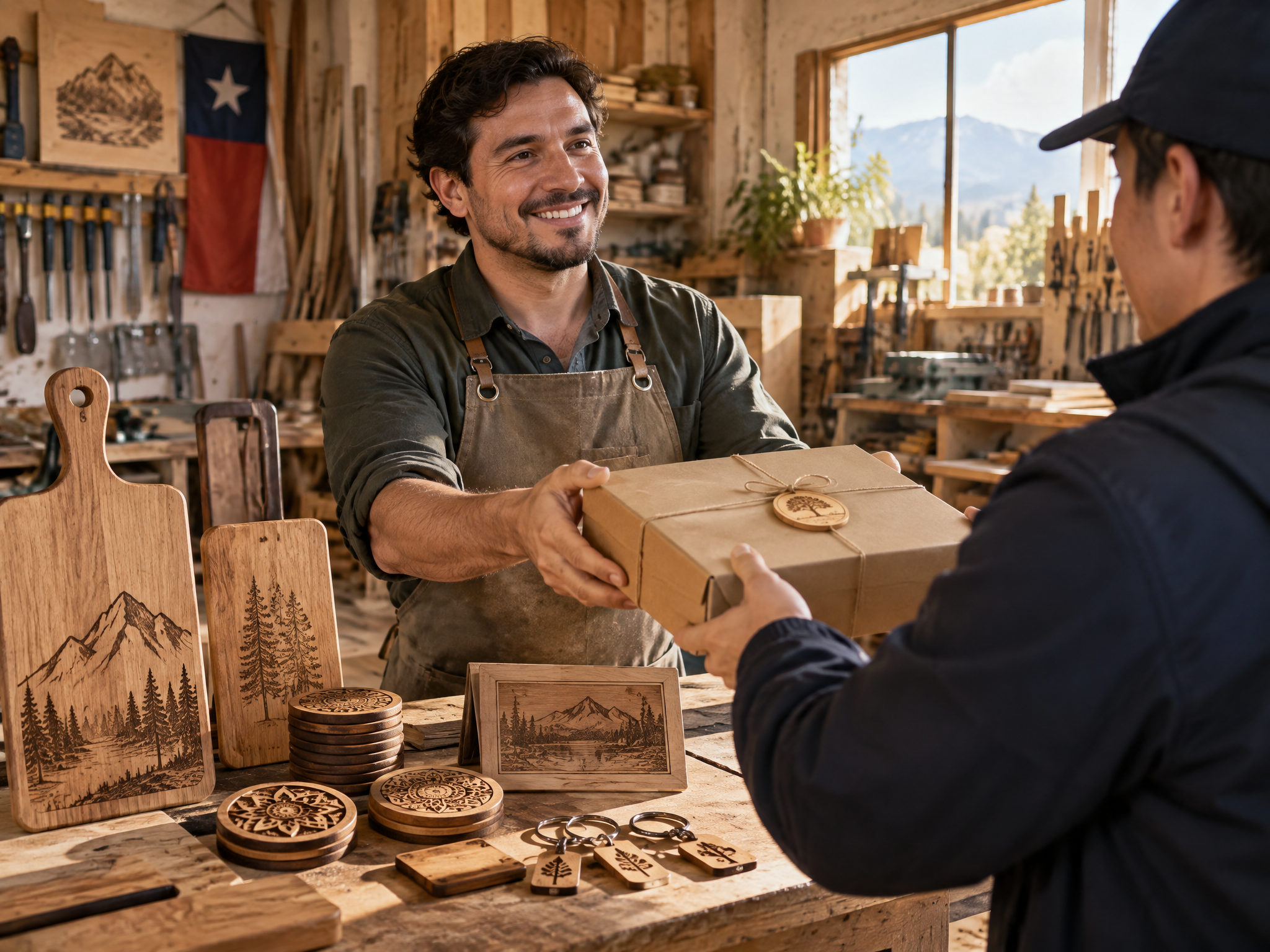 Dueño de una pyme entregando productos de madera grabados con láser CNC en su taller