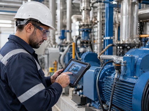 Técnico realizando mantenimiento predictivo con tablet rugged en planta industrial