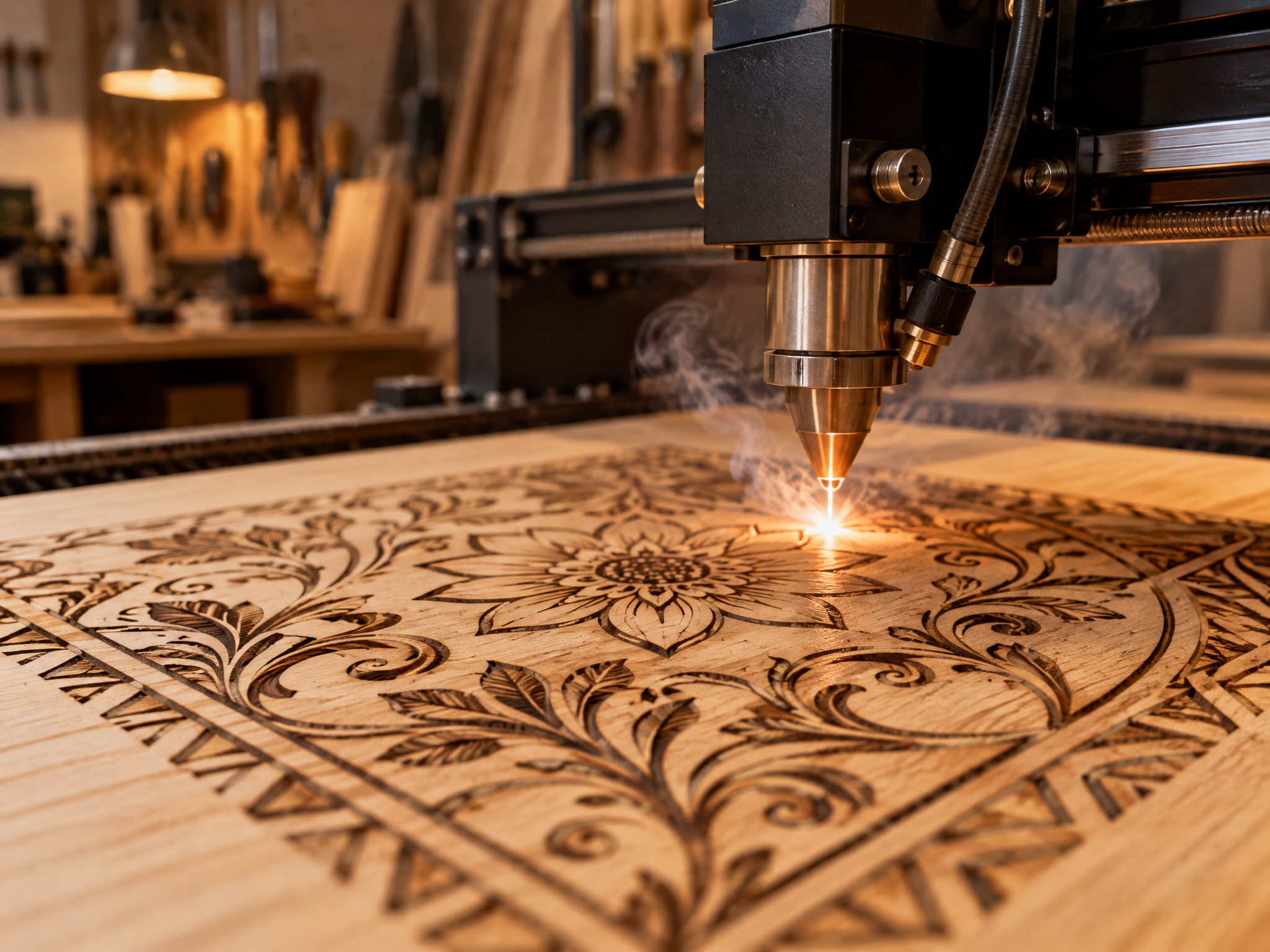 Máquina CNC realizando grabado láser de precisión sobre madera clara en un taller
