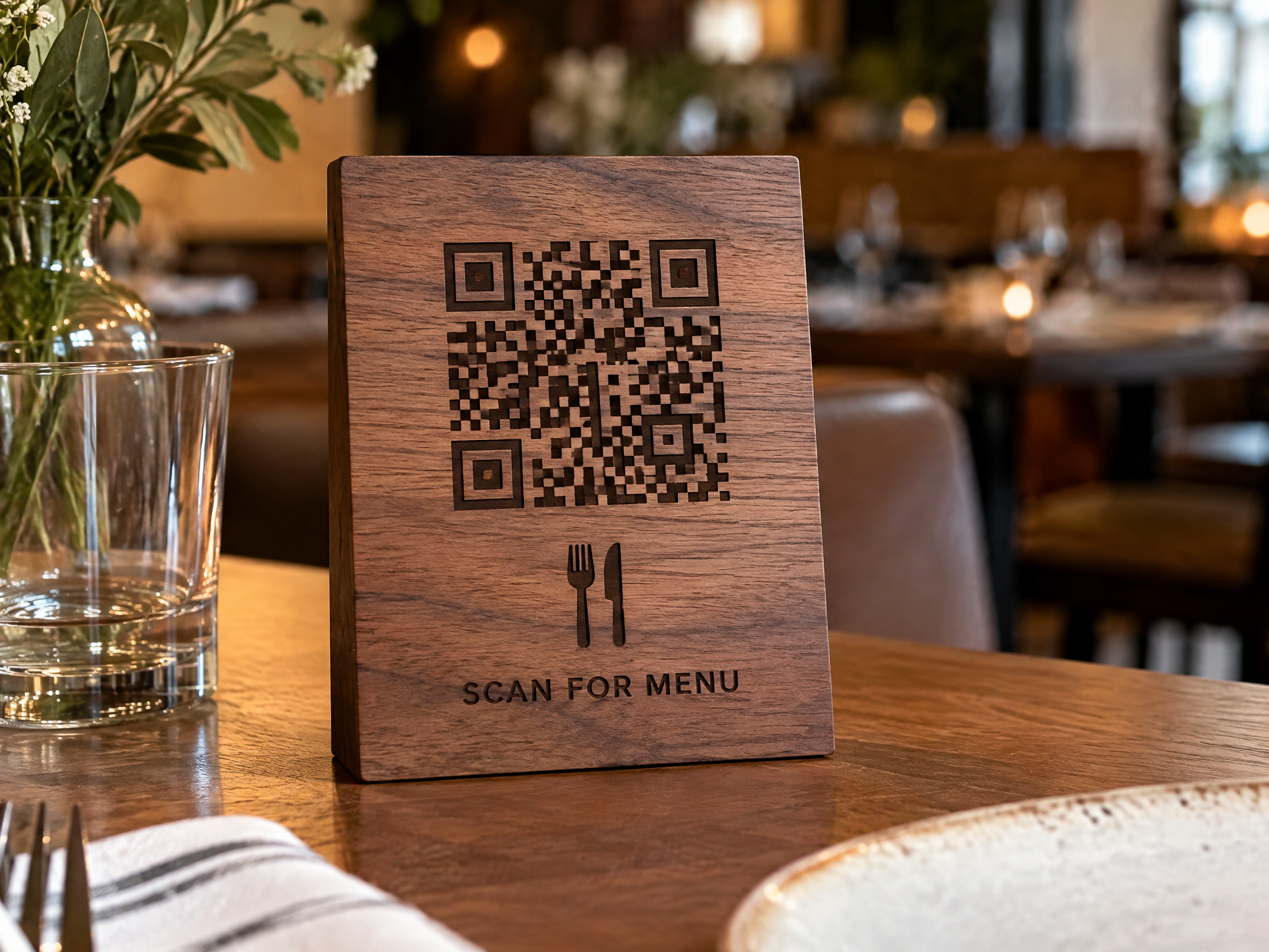 Placa de madera con código QR grabado con láser CNC para menú de restaurante