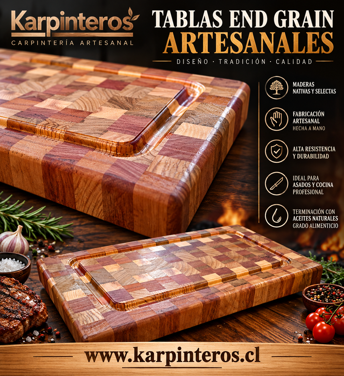 Tabla End Grain artesanal para asados y cocina - Karpinteros La Reina