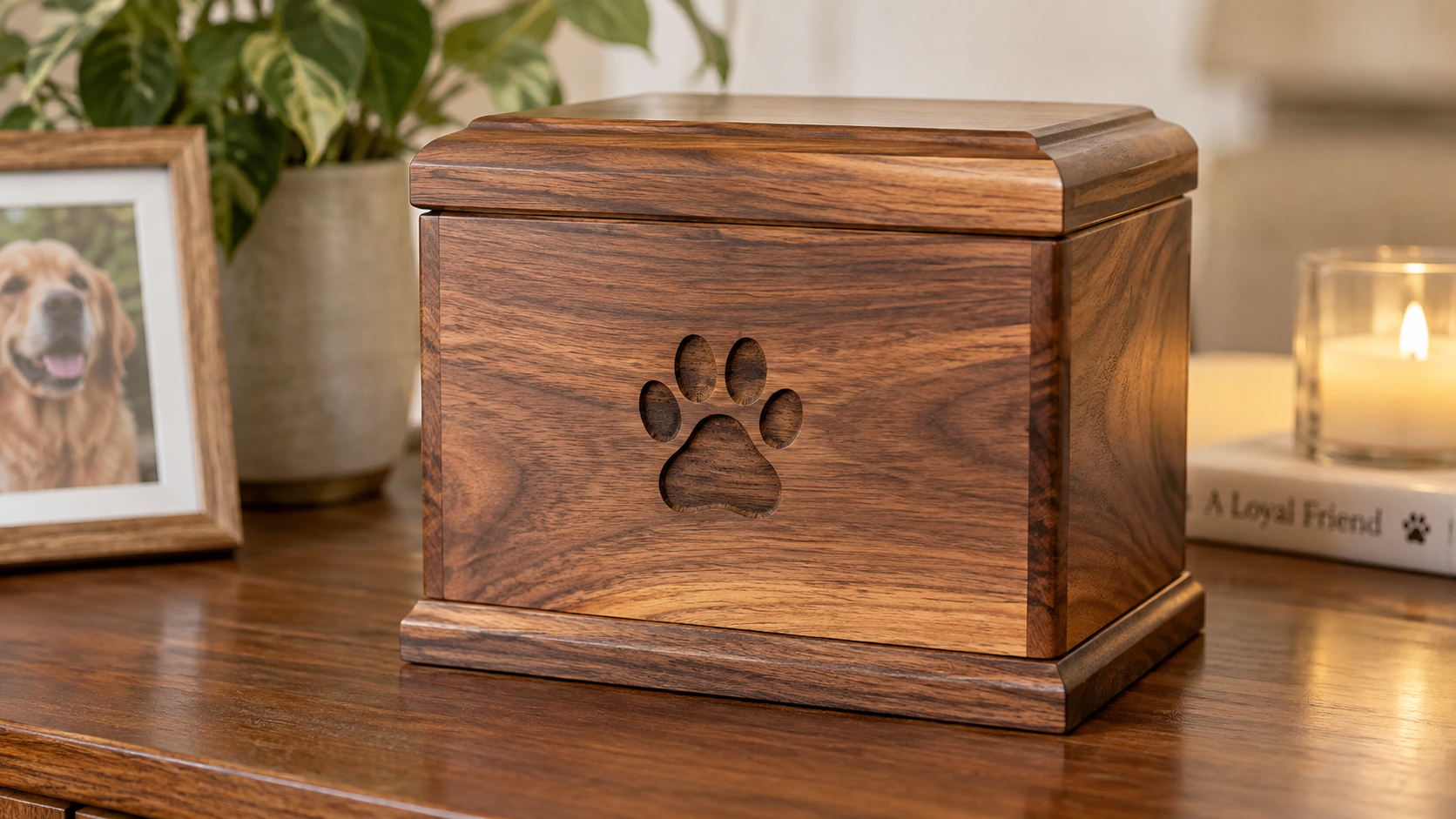 Ánfora de madera de pino barnizada para cenizas de mascotas, personalizable con grabado láser