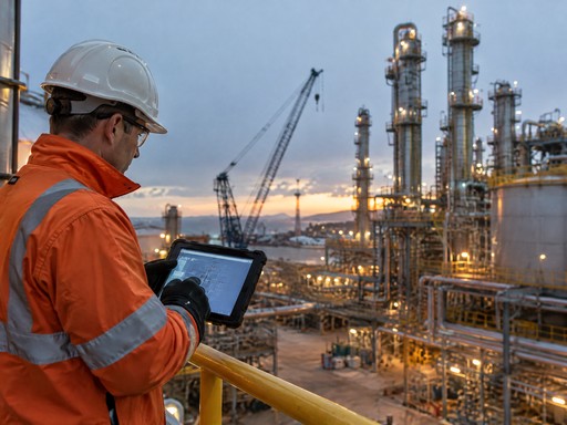 Trabajador industrial usando tablet rugged en planta petroquímica con equipos de seguridad operacional
