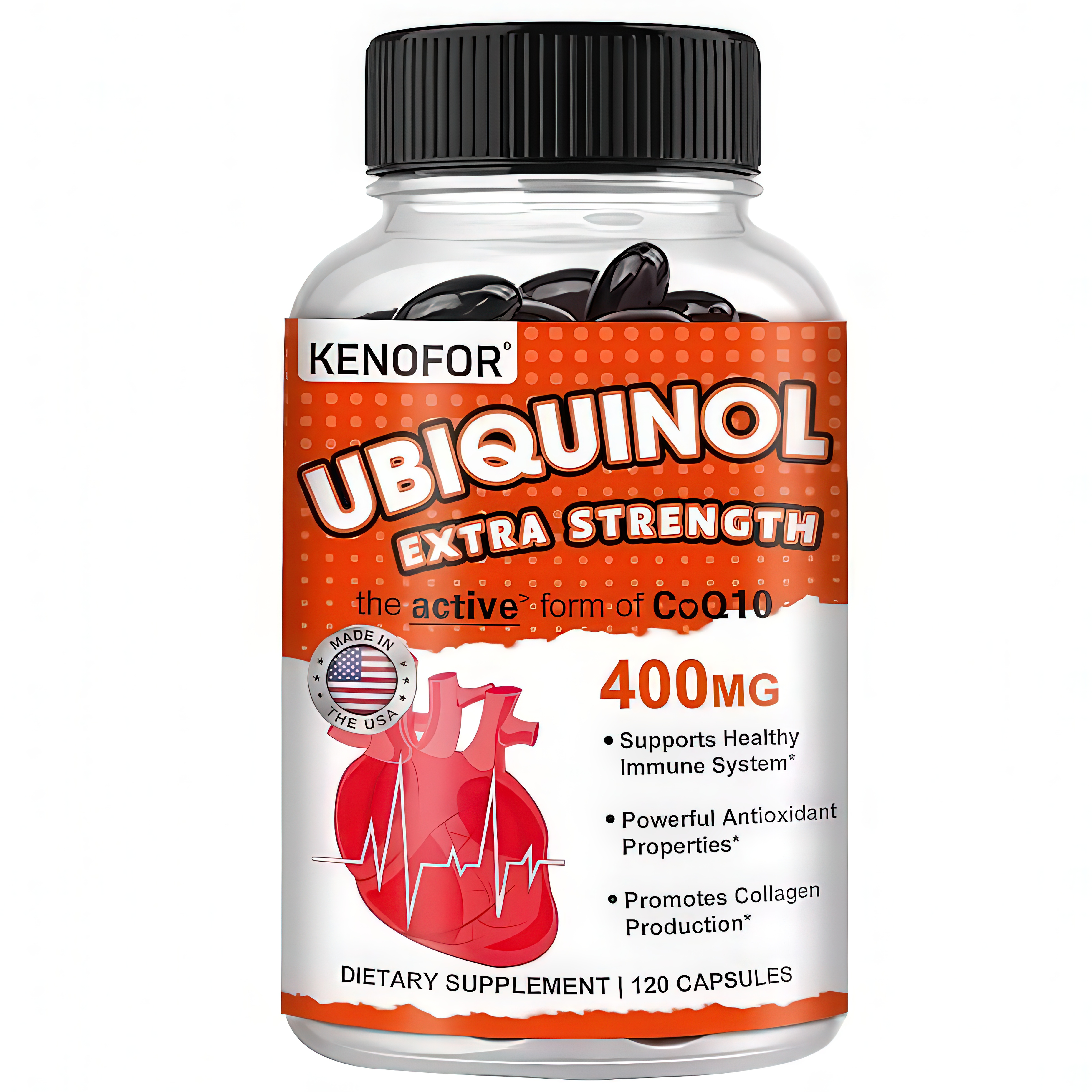 Kenofor Ubiquinol 400 mg (CoQ10 Activa) con Vitamina E y Bioperine - 120 Cápsulas Vegetales