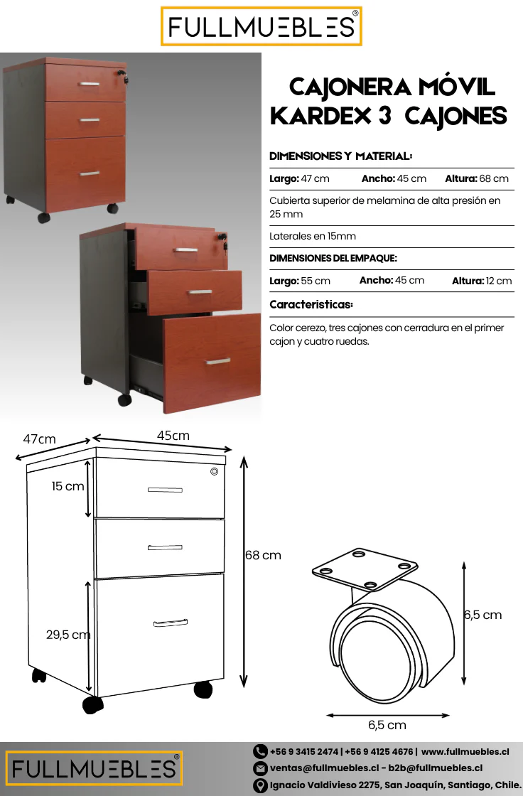 Cajonera Móvil Con Kardex, 2 Cajones + 1 Kardex, Primer Cajón Con Llave, 70X40X40, Color Peral