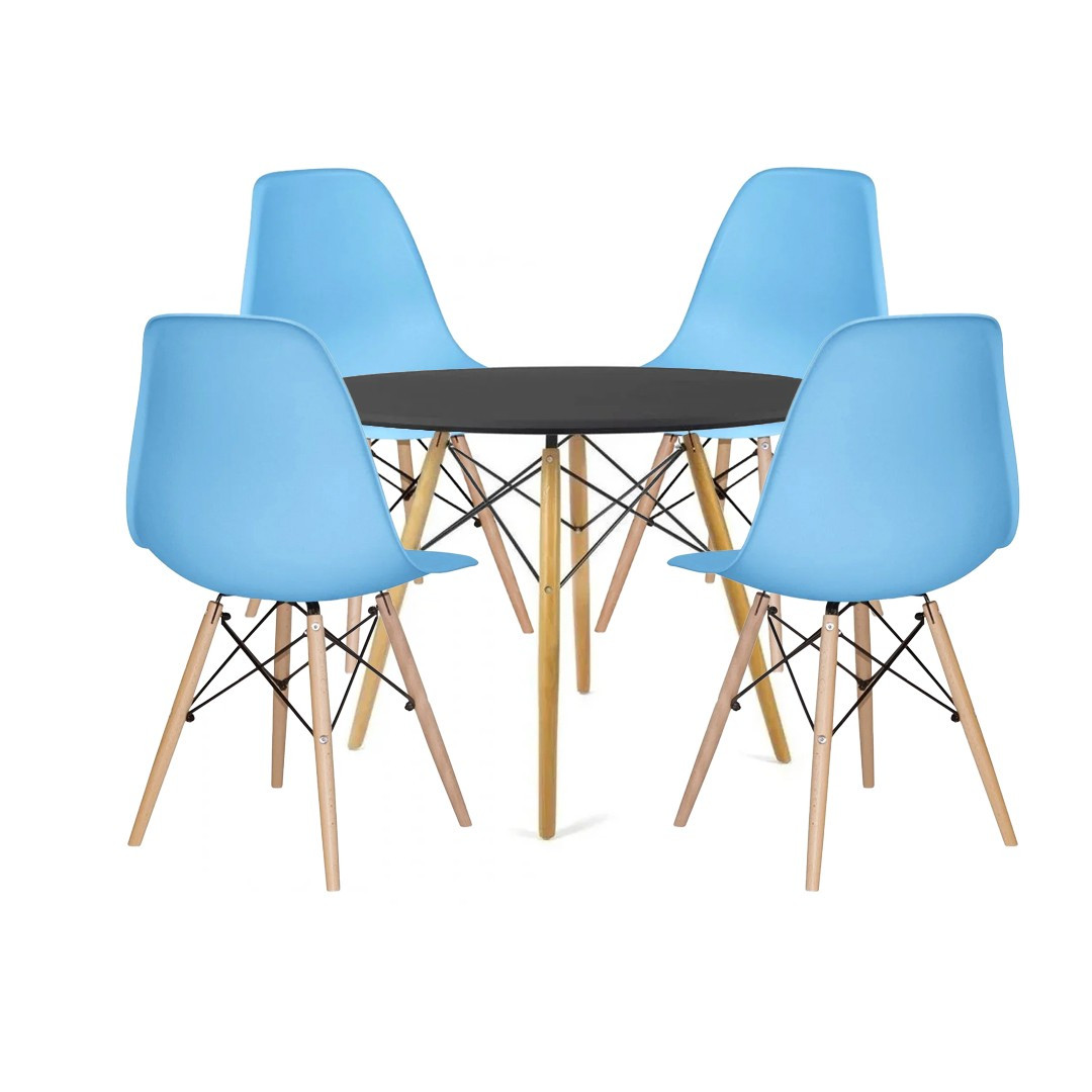Juego de Comedor Mesa Redonda Negro 80cm + 4 Sillas Celeste