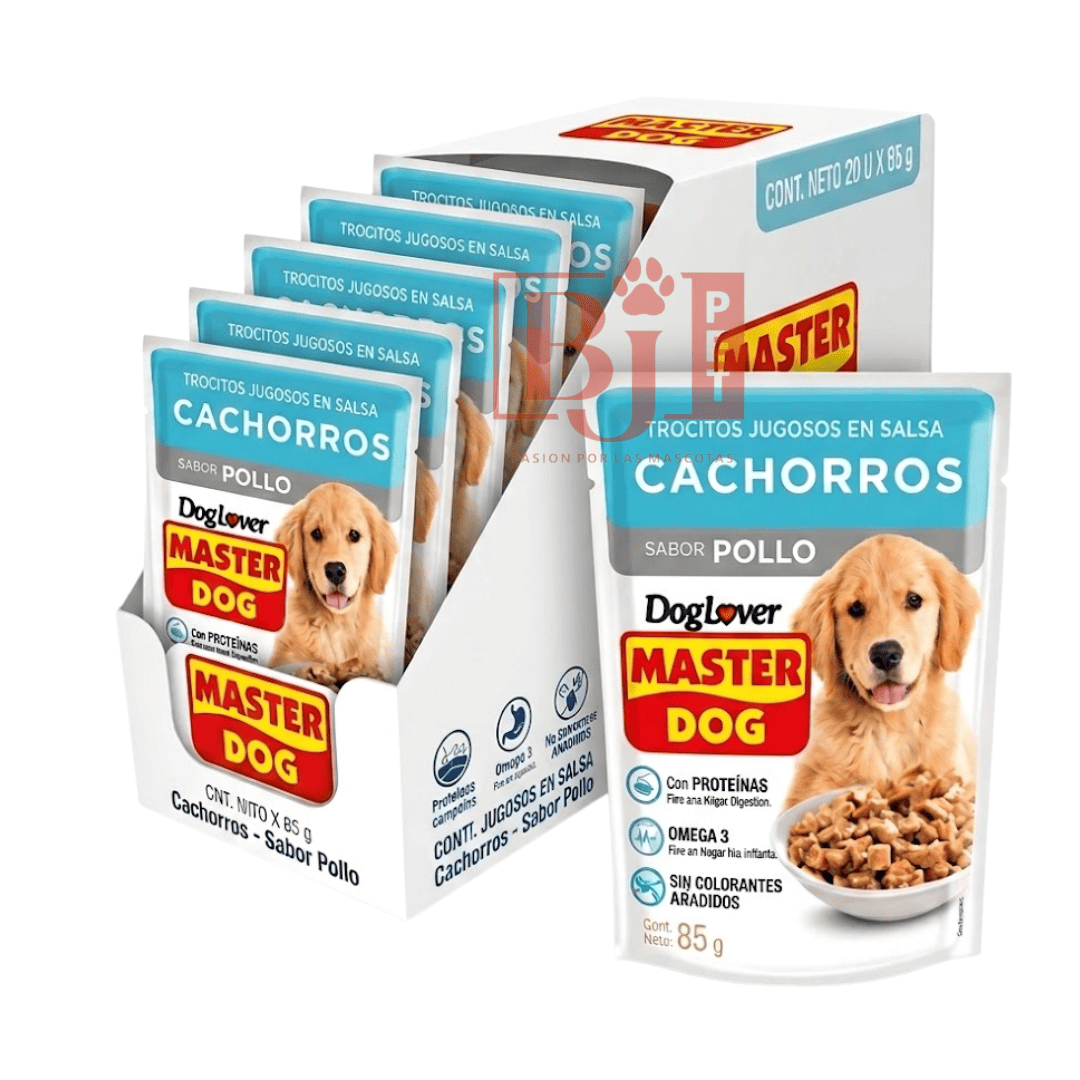 Alimento Húmedo Master Dog Display Trocitos Jugosos Cachorro Sabor Pollo 85 gr x 20 u